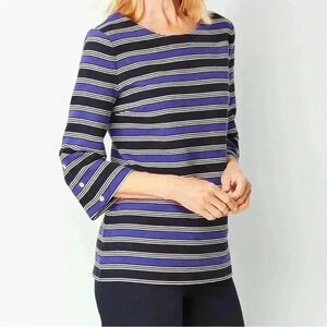 Talbots 3/4 Sleeve Bateau Neck Knit Stripe Cotton Blend Top Size L